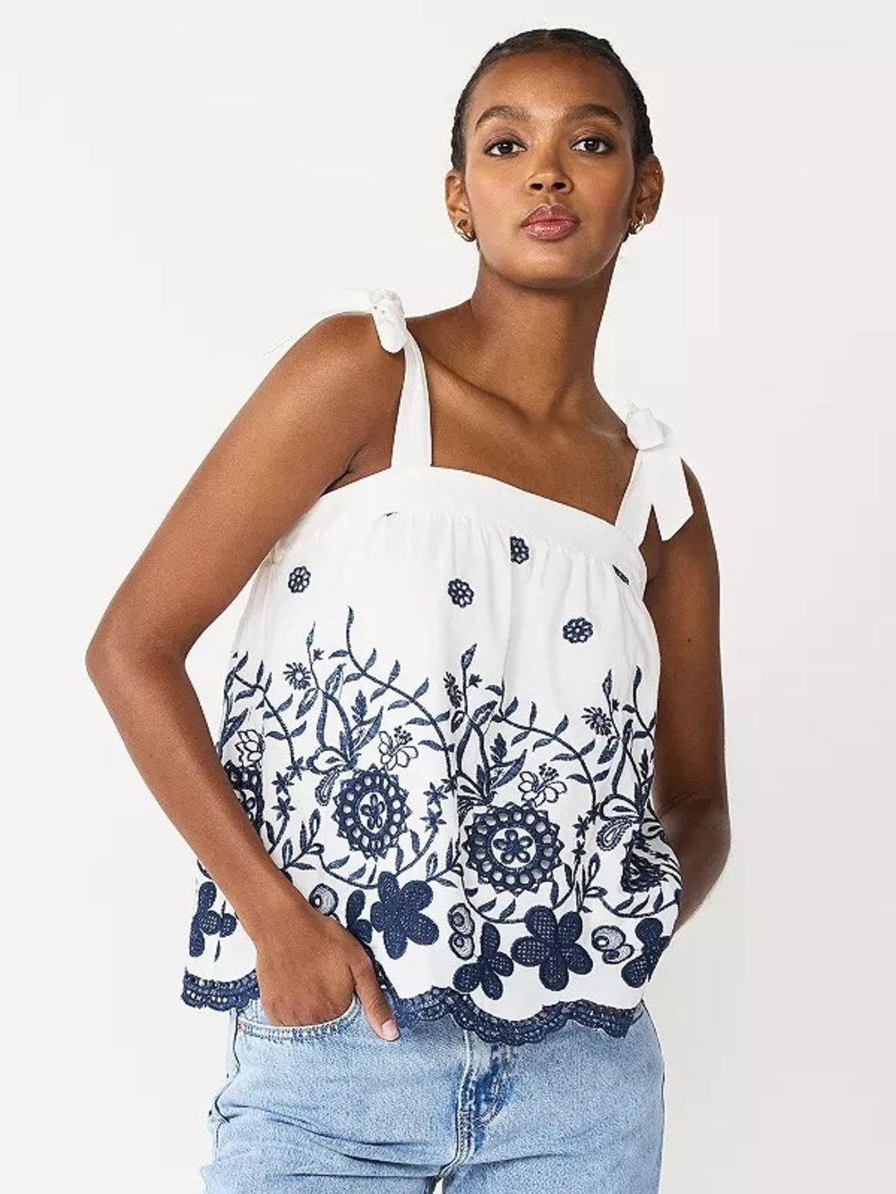 Draper James RSVP White & Navy Floral Embroidered Tie-Shoulder Tank Top